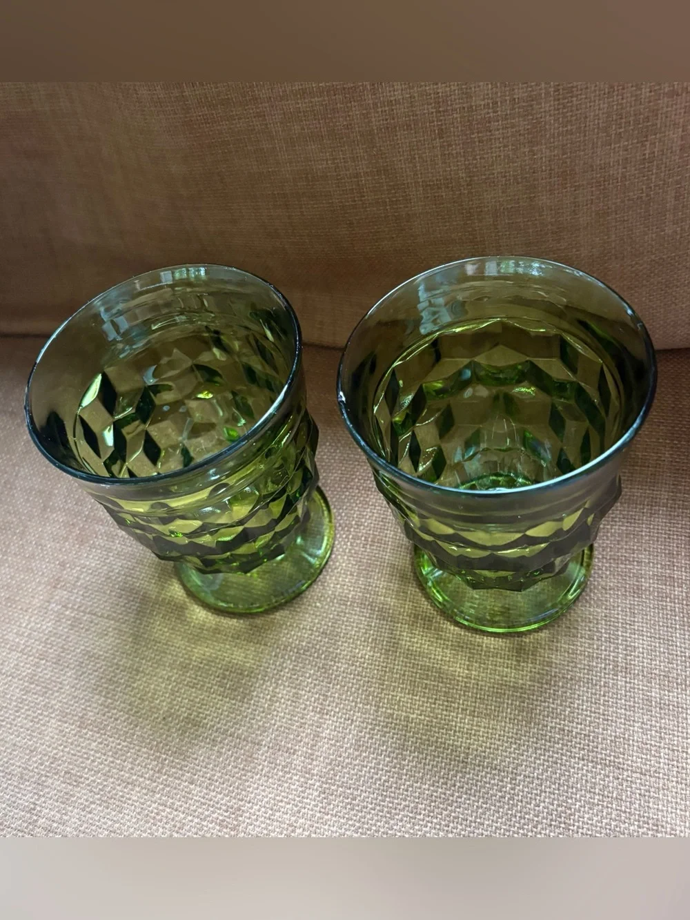 Vtg 60s Indiana Glass Whitehall Colony Cubist Avocado Green Footed 9 Oz Glasses